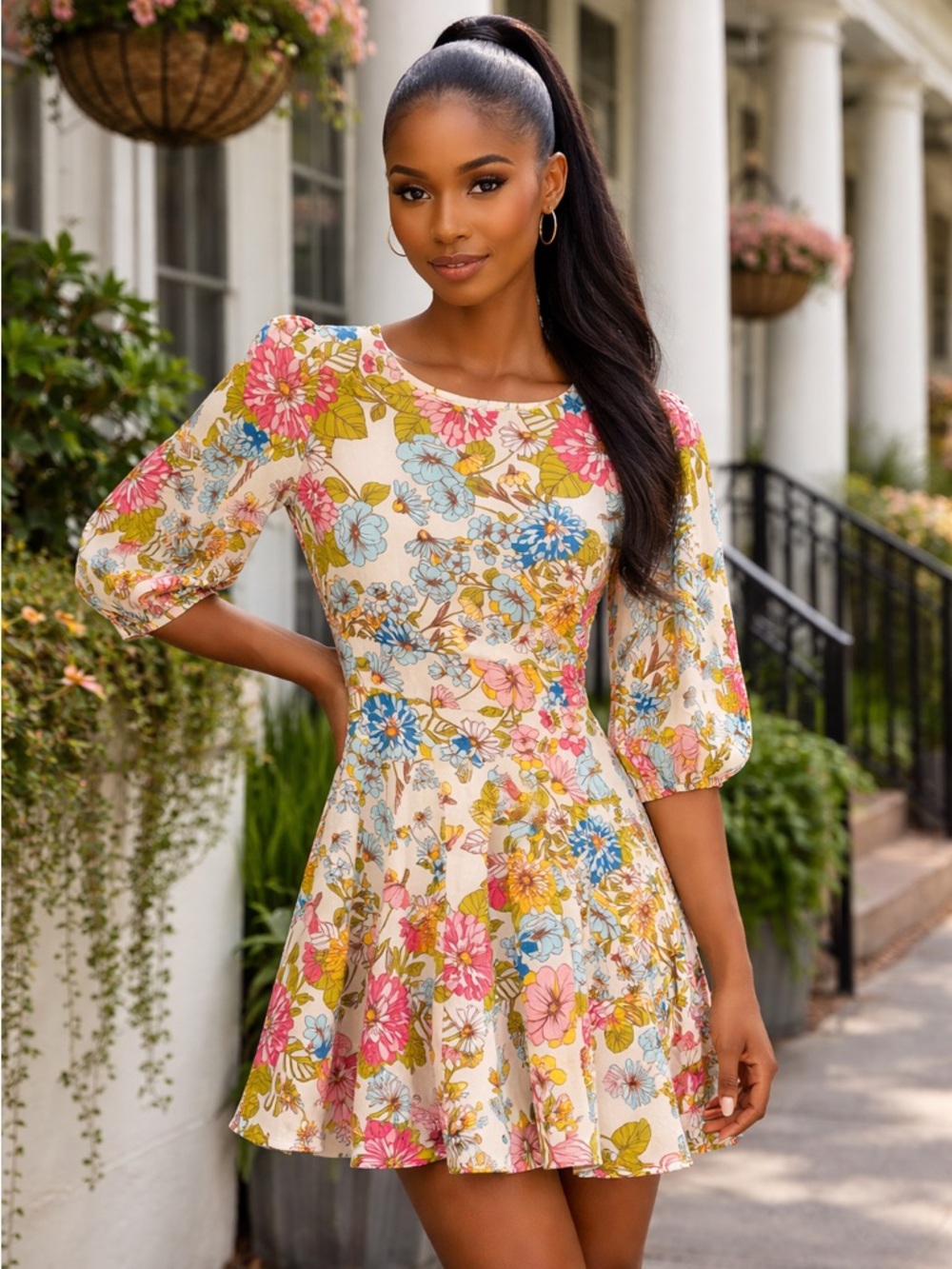 Sugarlips Floral Cream Dress XS with Pink, Blue & Green Blooms 70’s style